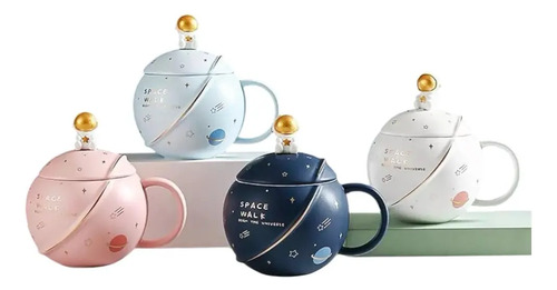 Taza De Cerámica Astronauta En El Espacio Con Tapa Y Cuchara