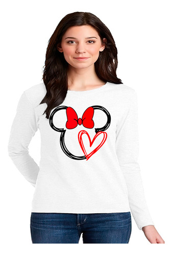 Polera Manga Larga 100% Algodón Diseño Amor Mickey Corazon