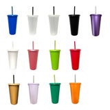 10 Vasos Reusables Con Tapa Y  Popote 24oz De Colores