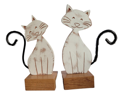 Escultura Casal De Gatos Em Madeira Pintados Rústicos