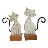 Escultura Casal De Gatos Em Madeira Pintados Rústicos