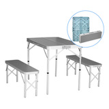 Mesa Plegable De Camping + 2 Bancos De Aluminio Portatil