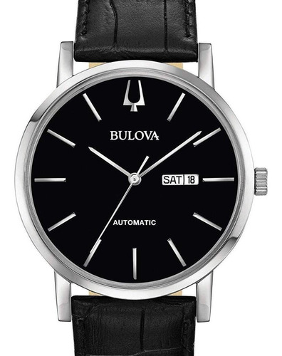 Reloj Automático Bulova 96c131 Para Hombre Con Correa De Piel De Esqueleto, Color Negro, Bisel, Color Plateado, Fondo Negro