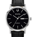Reloj Automático Bulova 96c131 Para Hombre Con Correa De Piel De Esqueleto, Color Negro, Bisel, Color Plateado, Fondo Negro
