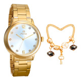 Caixa + Pulseira Pandora + Relogio Feminino Dourado Aço Inox