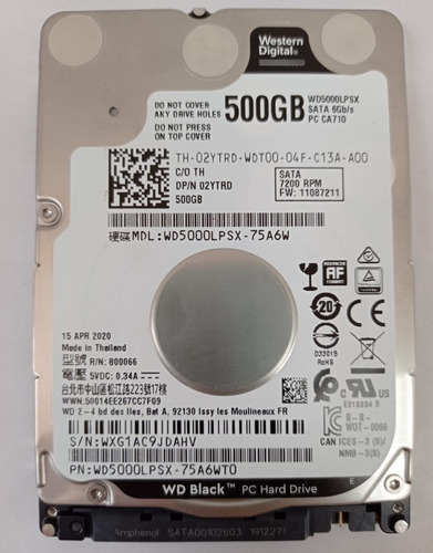 Hd 500gb Notebook Western Digital Wdblack Wd5000lpsx 7200rpm