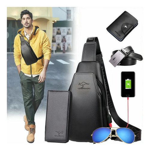 Set Bolso Bandolera Cuero Pechera Mochila Cruzada Hombro 5pz