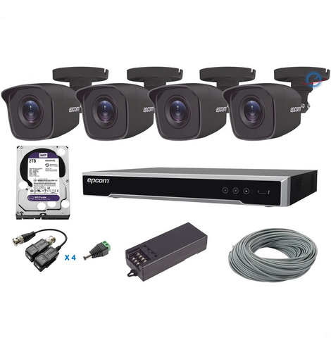 Kit 4 Cámaras 5mpx Epcom Negro Disco 2tb Purple Dvr 4 Ch P2p