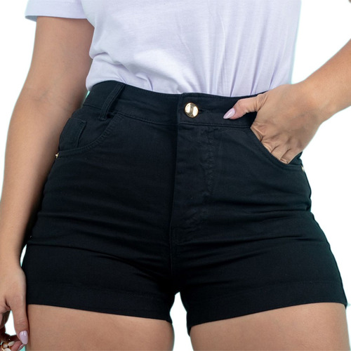 Short Bermuda Jeans Feminino Preto Barra Feita Liso Bainha