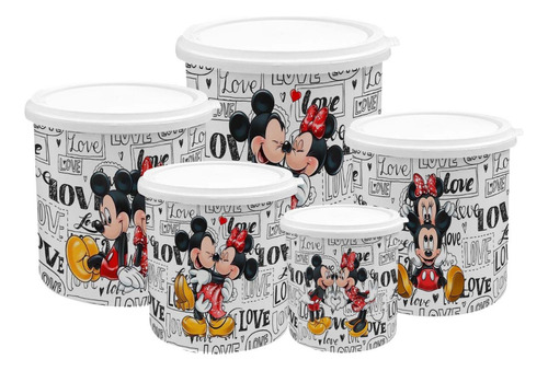 Kit 5 Potes De Mantimentos Plástico Decorado - Branco Minnie