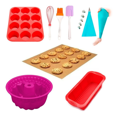 Set Kit Reposteria Pasteleria Completo Moldes Silicona Muffins Manga Horno Flanera Torta Bombon Espatula Pincel Horno