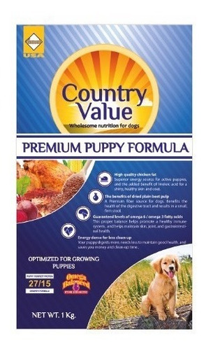 Country Value Puppy Formula 40lb Alimento Premium Para Perro Cachorro En Crecimiento De Todas Las Razas A Base De Cerdo, Pollo, Arroz, Pescado Y Omega. 21% Proteína Animal De Alta Digestibilidad. 18kg