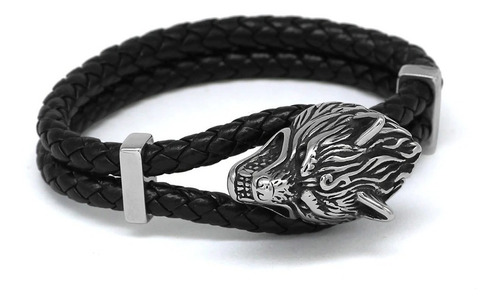 Pulsera Brazalete Cuero Vikingo Nórdico Lobo De Acero Hombre