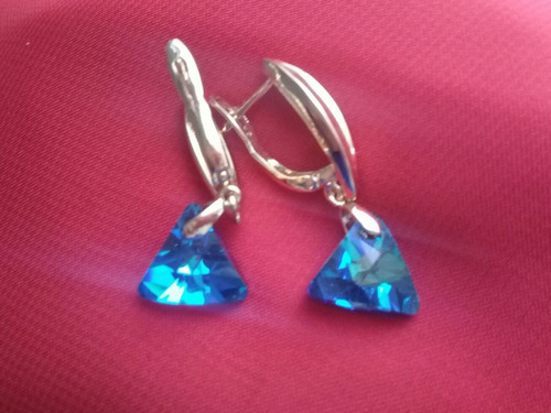 Aretes Cristal Swarovsk Triangulo Azul Baño Oro  