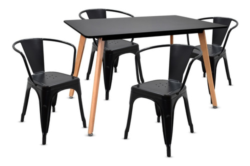 Set Mesa Moderna Eames Negra + 4 Sillas Tolix Con Brazos