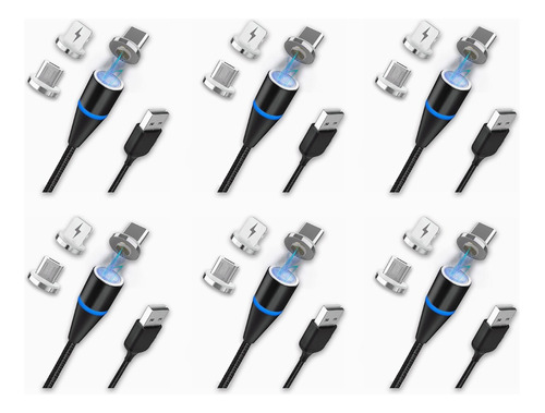 6 Pcs Cable Magnético 3en1 Carga Rápida 1m Usb V8 Ip Tipoc