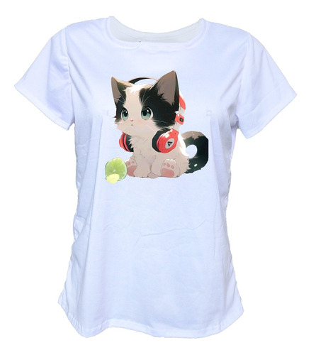 Blusa Playera Casual Mujer Gato Audifonos Con Limones Kawai