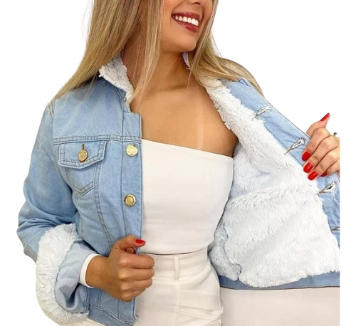 Jaqueta Jeans Forrada Casaco Feminino Pelúcia Moda Inverno