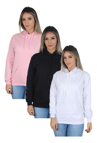 Kit 3 Moletom Liso Feminino Blusa De Frio Canguru