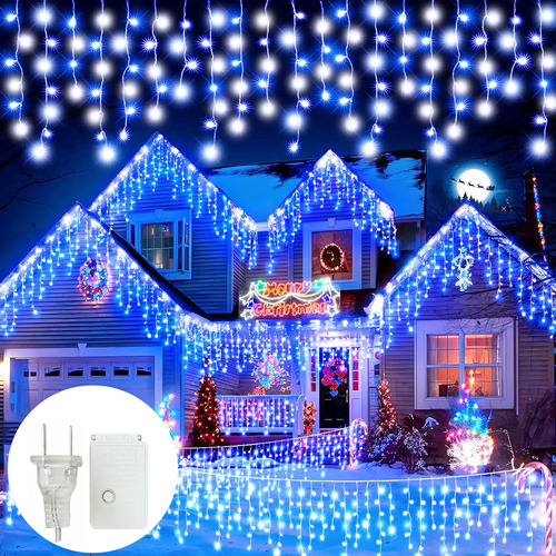 2 Serie Luce Led Cascada De Navidad Festiva Azul Y Blanco 8m