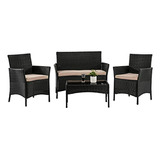 Set De Muebles De Patio Rattan Con Sofá, Sillas Y Mesa Auxil