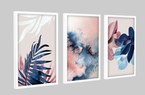 Quadros Decoração Sala Grande Folhagens Azul E Rosa Moderno Cor Preto Cor Da Armação Branco