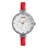 Reloj Mujer Skmei 9142 Cuero Ecologico Minimalista Elegante Color De La Malla Rojo Color Del Bisel Plateado Color Del Fondo Blanco