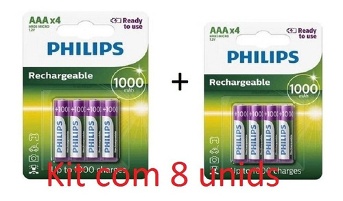 Pilhas Recarregável Palito Philips Aaa 1000mah Kit Com 8 Un