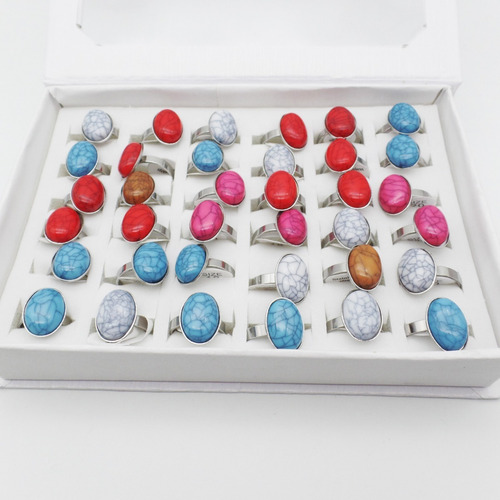 Pack 12 Anillos Piedra Craquelada Ovalada Acero Quirurgico X Mayor
