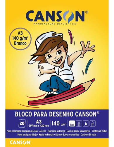 Bloco Papel Canson Desenho Escolar Branco 140g A3 20 Folhas