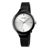 Reloj Mujer Skmei 1714 Minimalista Elegante Clasico Malla Negro Bisel Negro Fondo Blanco/plateado