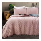 Cubrecama Quilt Algodón Y Pompones 1.5 Plazas +1 Funda Color Color Rosa Claro