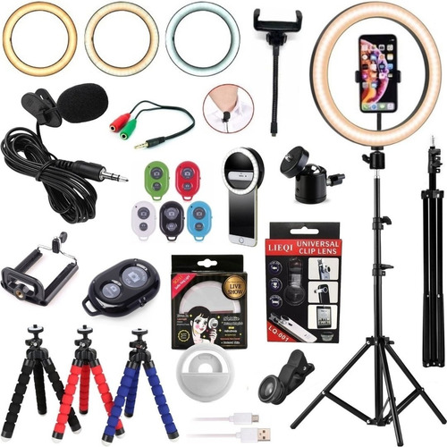 Kit Ring Light Tripé 2m Acessórios Filmagem Microfone Lente