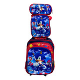 Mochila Kit Escola Sonic Modelo 2024 Rodas Lancheira Estojo