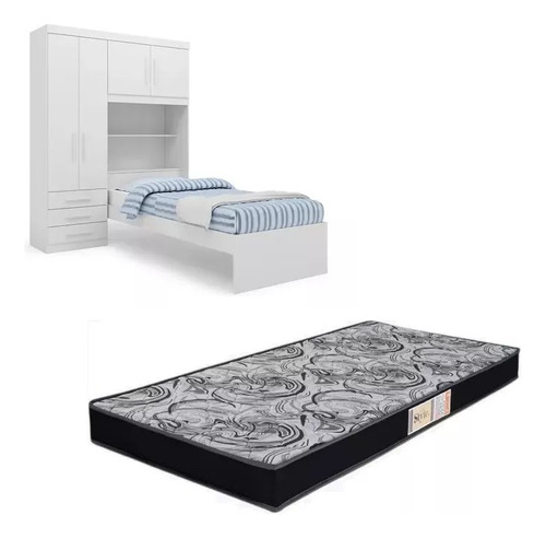 Guarda Roupa Com Cama Cabeceira Baú + Colchão Solteiro Av Ac