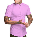 Camisa Social Masculina Manga Curta Slim Fit Lycra Elastano