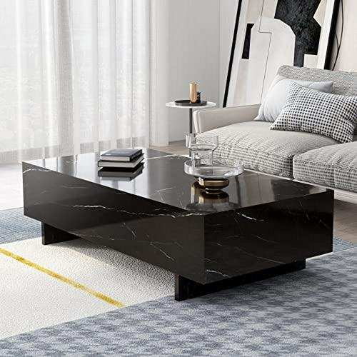 Mesa De Café Rectangular Mármol Negro, Moderna Y Elegante - 