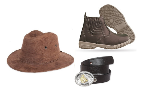 Kit Cowboy Infantil Botina + Chapéu + Cinto De Couro Fivela