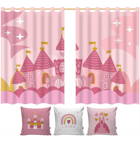 Kit Cortina + 3 Capas De Almofadas Princesa Castelo Nome 2,0