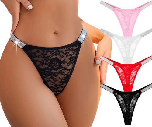 4 Piezas Tanga Sexy De Encaje Para Mujer