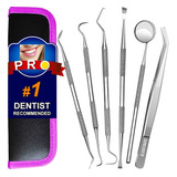 Kit Básico Dental En Acero X 6 Piezas + Estuche Negro/rosado
