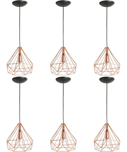 6 Pendentes Diamante 3d Grande Lustre Luminária Rose Gold 