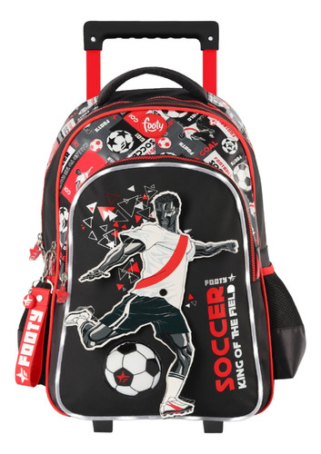 Mochila Carro 18 PuLG Footy Escolar Luz Led Equipos Futbol Color F2221 Rojo Y Negro Diseño De La Tela Estampado