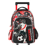 Mochila Carro 18 PuLG Footy Escolar Luz Led Equipos Futbol Color F2221 Rojo Y Negro Diseño De La Tela Estampado