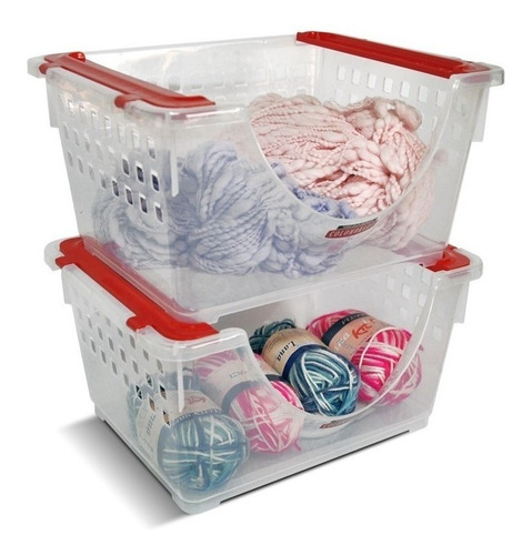 Kit X2 Canastos Cesto Contenedor Apilable Organizador Plastico Encastrable Mediano Colombraro