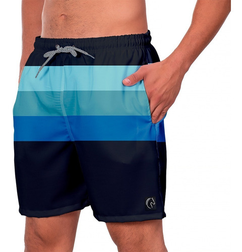 Short Praia Masculino W2 Listrado Preto E Azul Academia Moda