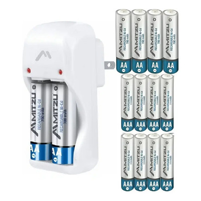 Cargador De Baterias Con 14 Pilas Recargables: 8aaa + 6aa Mitzu Con Clavija Retráctil Y Protección De Calentamiento 3 Puertos De Carga Plástico Abs Funciona Para Pilas Cuadradas De 9v | Meses sin interés