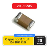 Smd Capacitor 104, 0.1 Uf 10% 50v Tamaño 1206, 20 Piezas