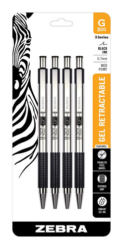 Bolígrafo De Gel Retráctil Zebra G-301 Punto Mediano 4 Pk