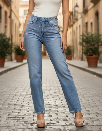 Jeans Recto Con Pedrería /juvenil, 7116 (mezclilla Medio)